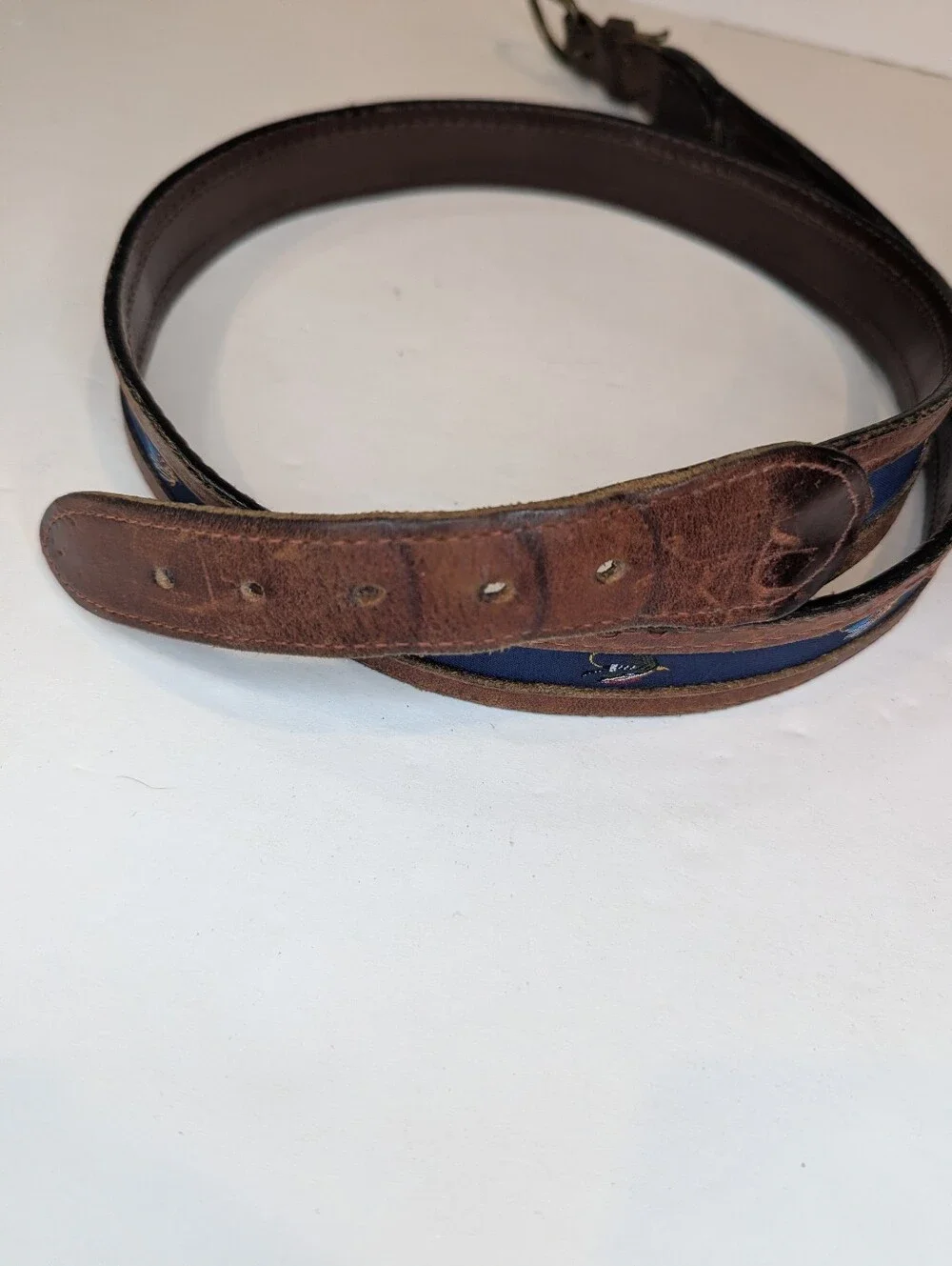 YRI Leather And Canvas Needlepoint Fly Fishing Belt Size 42 Made In USA